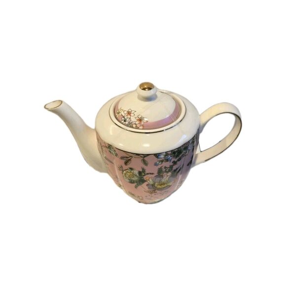 New Japanese Asian Pink Floral Porcelain Japan Tea Pot W/ Lid Gold Trim - Picture 2 of 2